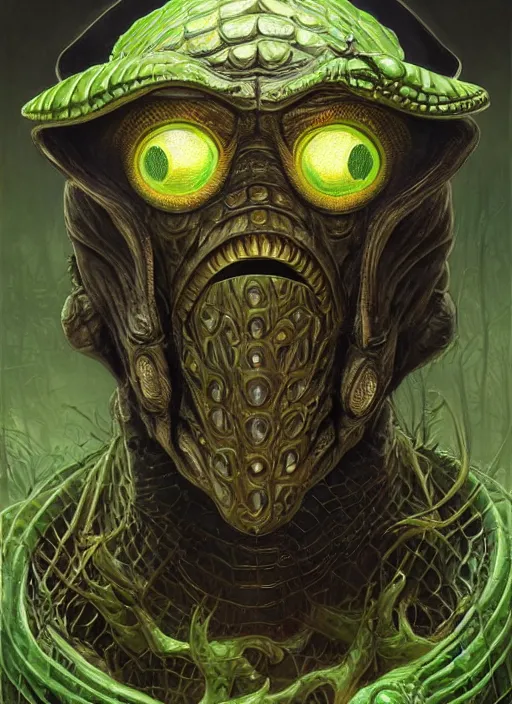 Image similar to cyber crocodile mf doom reptile eyes, green skin. intricate, elegant, highly detailed, centered, digital painting, artstation, concept art, smooth, sharp focus, illustration, artgerm, tomasz alen kopera, peter mohrbacher, donato giancola, joseph christian leyendecker, wlop, frank frazetta