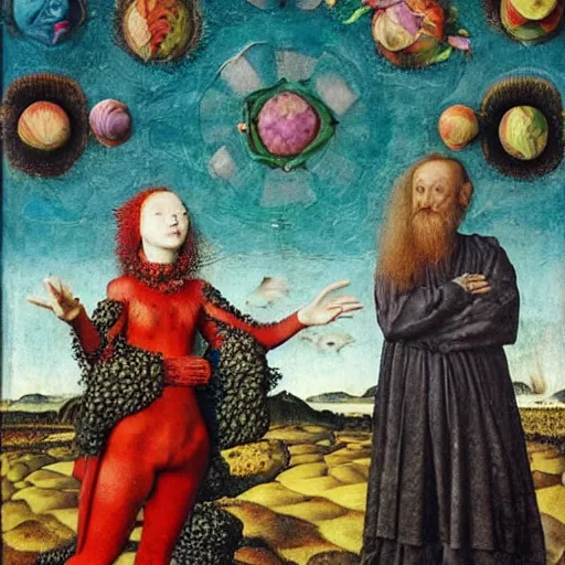 Image similar to a wide landscape with a tattood alien girl with fish scales and feathers swimming with flowers by jan van eyck, ernst fuchs, nicholas kalmakoff, joep hommerson, character, full body, catsuit, max ernst, hans holbein