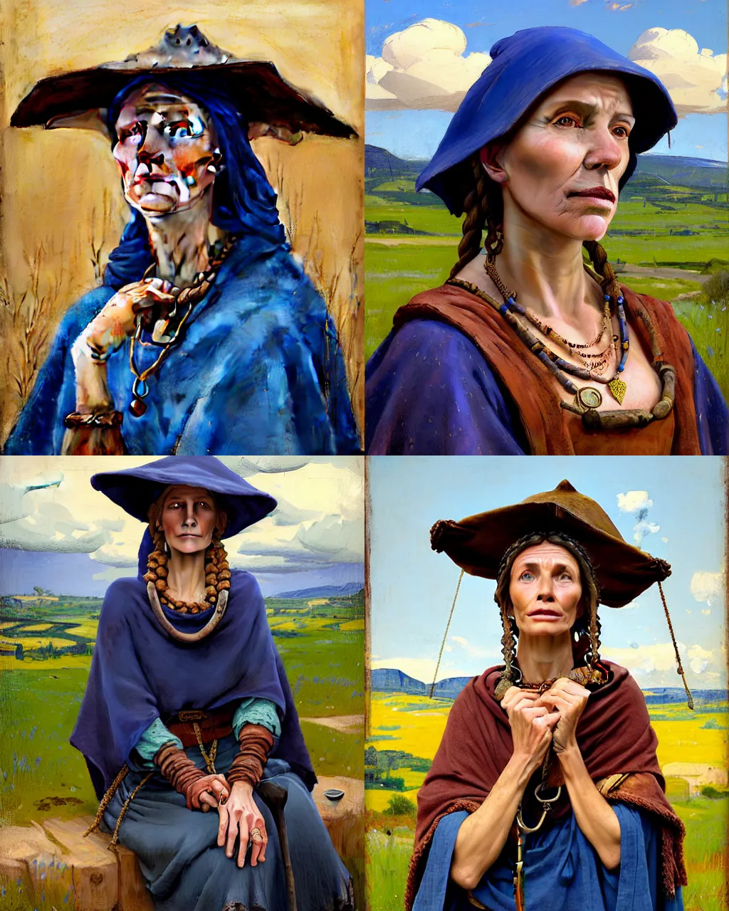 Image similar to portrait of medieval farmer woman with wooden jewelry, mediterranean features, wearing rich jewerly hat and deep blue boho poncho, fantasy character close up portrait, sitting dynamic pose, Low poly, thunder clouds in the sky, artwork by Jeremy Lipkin and Giuseppe Dangelico Pino and Michael Garmash and rob rey, levitation, industrial rusty pipes, simple form, brutal shapes