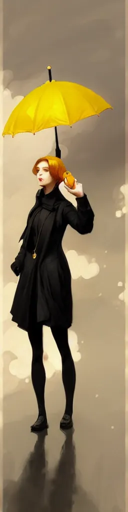 Image similar to A very tall, slender woman wearing black puffy clothes and holding a yellow umbrella, sharp focus, intricate, elegant, digital painting, artstation, matte, highly detailed, concept art, illustration, ambient lighting, art by artgerm, Alphonse mucha, and Greg Rutkowski