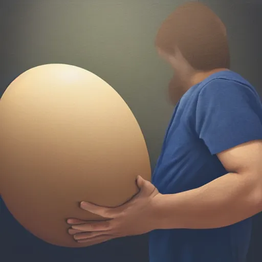 Image similar to man cries while holding giant egg sitting on the kitchen floor at night, painting, somber, moody lighting