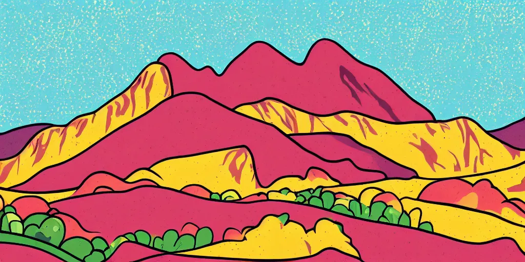 Image similar to pop art illustration of a mountainscape at day