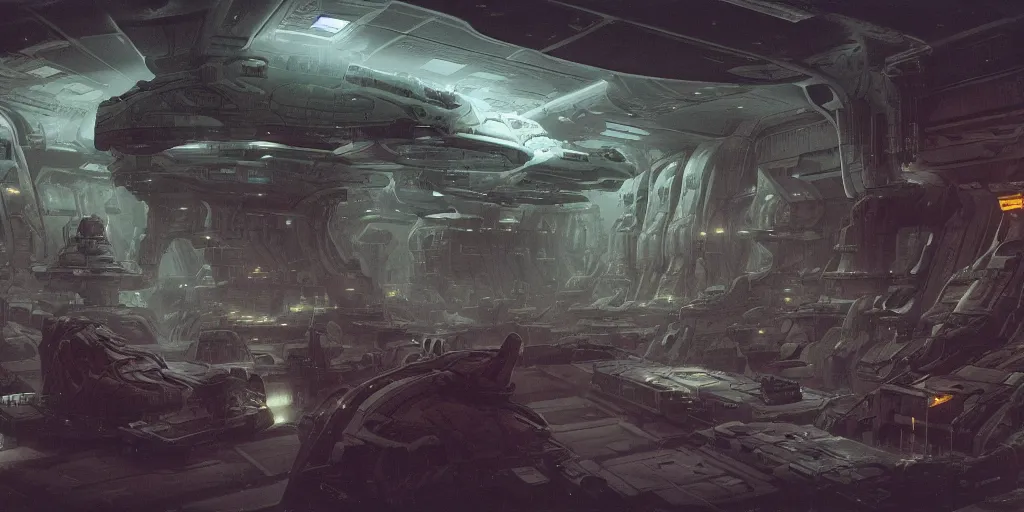 Prompt: one thousand aligned cryogenic pods in rows, spaceship interior, symmetrical, sci-fi, 4k, wide shot, matte painting, style of alan lee and peter mohrbacher and frank frazetta and mike mignola