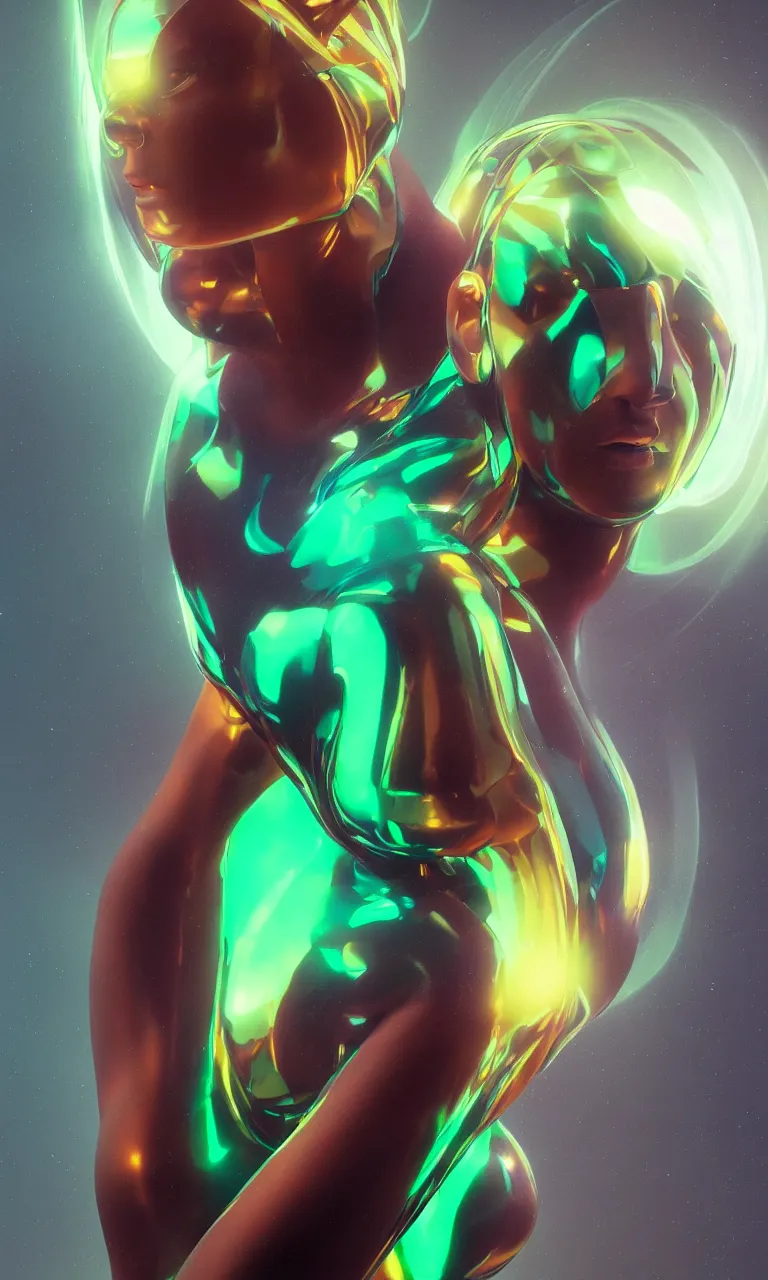 Image similar to beautiful bodysuit neon electric hyperpunk with bald haircut, reflections, focus, detailed, realistic eyes, symmetric body features proportions, golden ratio face, intricate facial skin details, full subject in frame, award winning, trending in cgsociety artstation deviant art, octane render, by Boris Vallejo