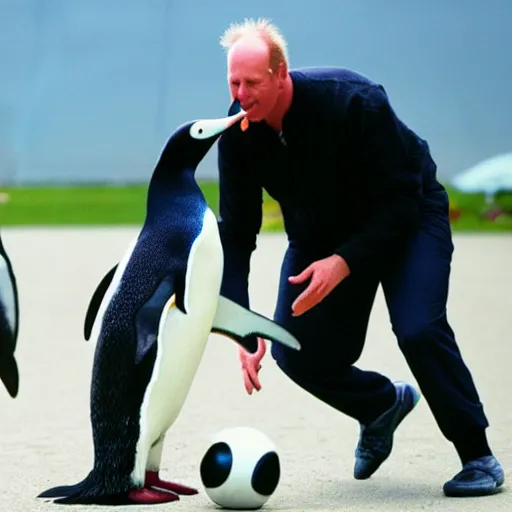 Prompt: Borris Johnson playing basketball with a penguin