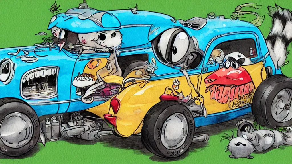 Image similar to cute and funny, racoon riding in a tiny hot rod coupe with oversized engine, ratfink style by ed roth, centered award winning watercolor pen illustration, by chihiro iwasaki and james nyika, edited by range murata