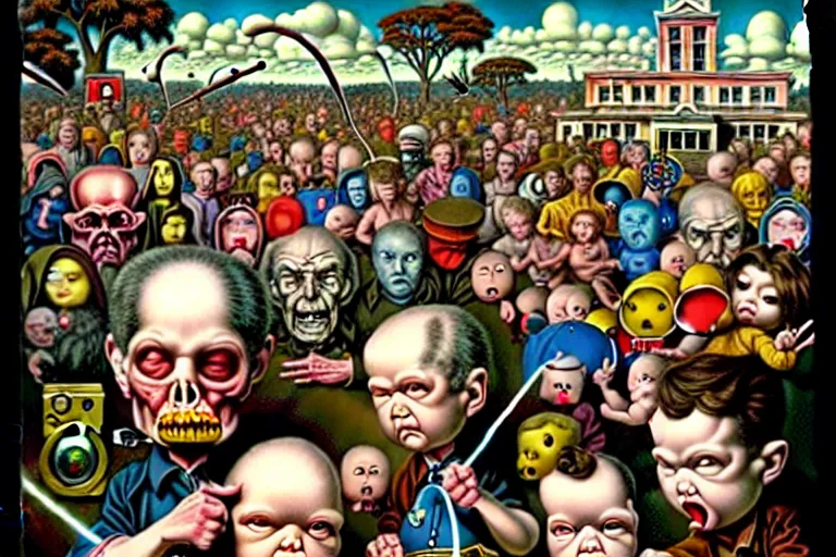 Image similar to a sparsely populated strange battle in an old hospital between old people and babies Robert Williams Mark Ryden and Alex Gross, Todd Schorr highly detailed deep perspective perfect composition