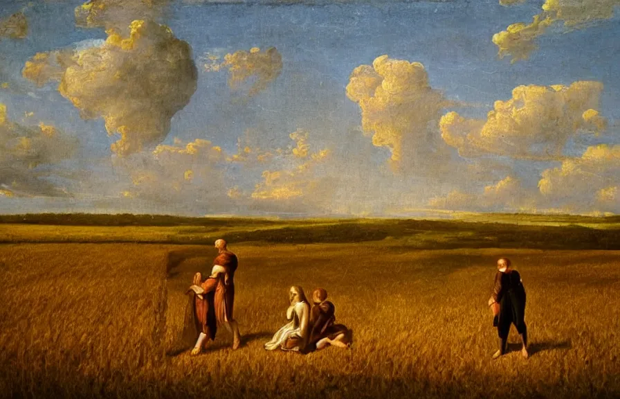 Prompt: isaac newton cenotaph!!! in the middle of a wheat field!! romantic era oil painting!!