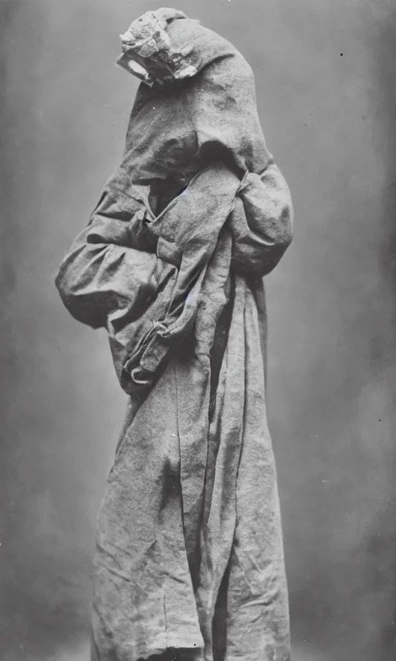Image similar to person wearing cloth sack over head, ww1 photo, grainy, high detail, high resolution,