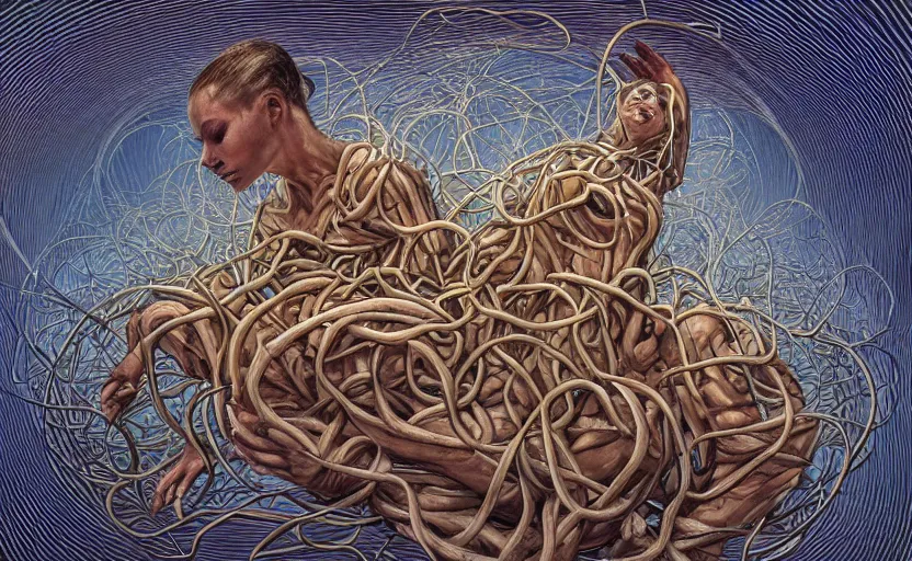 Image similar to a person trapped in the fetal position inside of extremely thick vines intertwined, central circular composition, high saturation, epic lighting, in the style of Peter gric and Hannah yata 8k