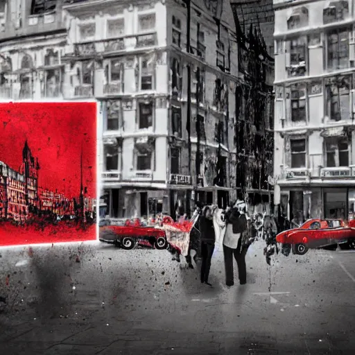 Image similar to A British European City with cars and people roaming inside of the city, certain aspects of the background are lens blurred, splatters of red on the border of the image, some of the people are even painted red, black and white photograph painting, real life, realistic, hyperrealistic, very realistic, photo photograph, photo, photograph, painting, oil painting, ultra realistic, very detailed, extremely detailed, highly detailed, HD Quality, 4k resolution, 8k resolution, trending on artstation, in the style of an Album Cover, cool, epic, nostalgic, intricate details, black and white image