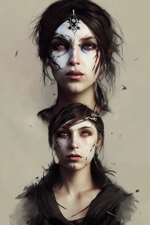 Image similar to hyper realistic portrait painting, beautifully rendered, gorgeous young witch with ceremonial markings and black feathers painted by greg rutkowski, wlop, artgerm, dishonored 2