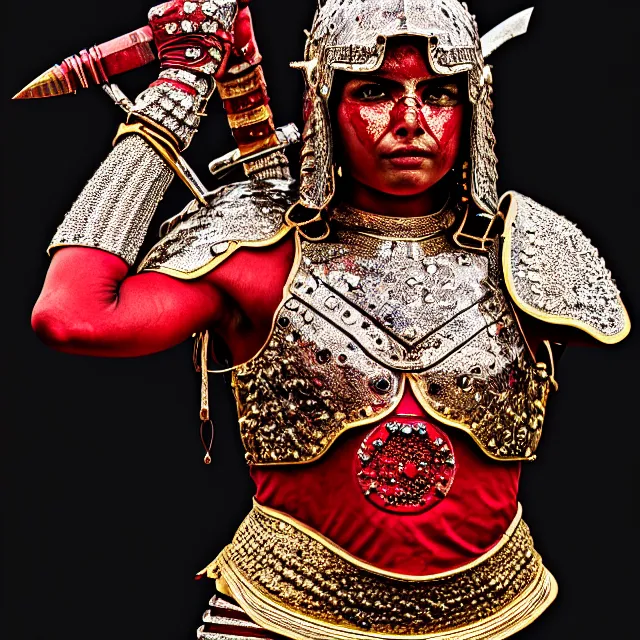 Image similar to photo of a beautiful! warrior with ruby encrusted armour, highly detailed, 8 k, hdr smooth, sharp focus, high resolution, award - winning photo, dslr, 5 0 mm