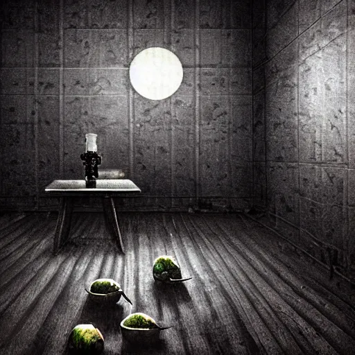Image similar to a dimly lit creepy ominous room with a single bowl of mysterious alien fruits in the middle of the floor, moody, horror, abstract art, dark surrealism