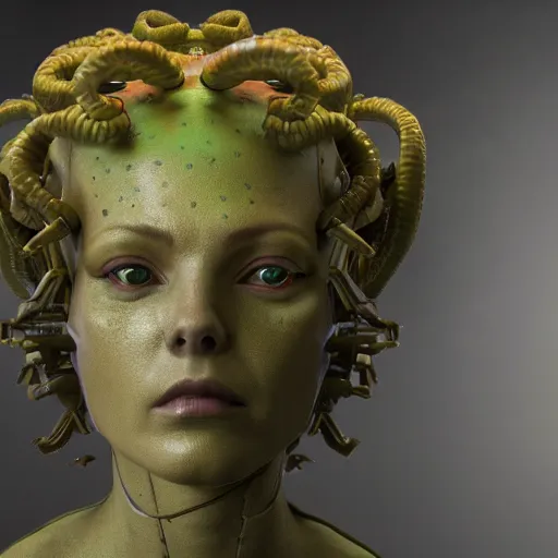Image similar to portrait photo of a robotic gorgon medusa with borg implants, highly detailed, unreal 5 nanite, path tracing illumination, cinematic quality, 8k