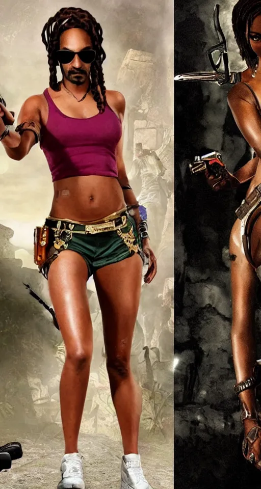 Image similar to Snoop Dogg cosplaying Lara croft