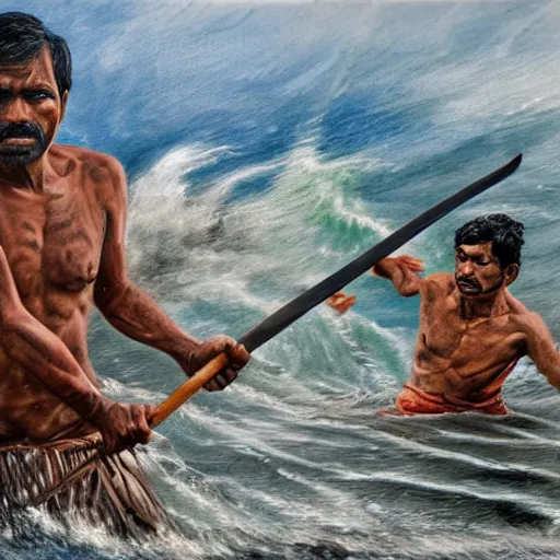 Prompt: water body, single bangla farmer fighting on hoseback, hand to hand combat with machete, wielding machete, full body view, long flowing water hair, fighting for his life, stormy ocean surrounding subject, horseback combat attacker foreground, background of invading army, nestor canavarro hyperrealist art style, sharp outlines