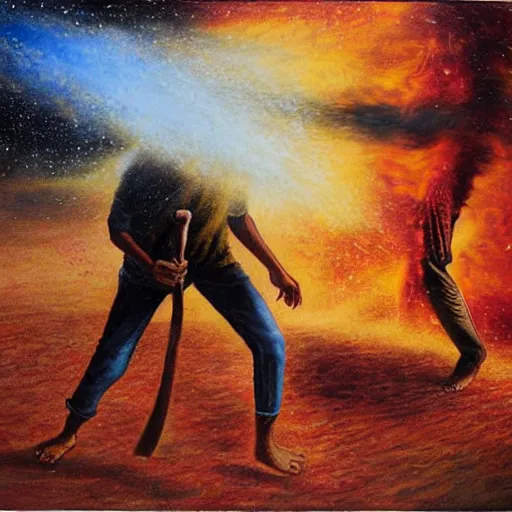 Image similar to portrait of head and body, single bangla farmer fighting on hoseback, hand to hand combat with machete, full body view, long flowing hair, fighting for his life, nebula aura surrounding subject, horseback combat attacker foreground, background of invading army, nestor canavarro hyperrealist art style, sharp outlines