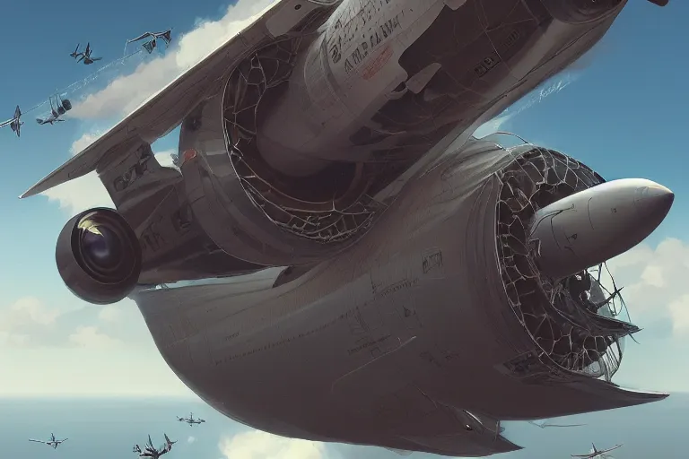 Prompt: detailed intricate digital illustration by greg rutkowski and artgerm and wlop and sanford robinson gifford ; commercial air liner with hole in fuselage, wind, everything flying around, falling ; 1 3 mm film, arri alfa anamorphic lens, fisheye wide angle ; sharp focus ; trending on artstation 8 k