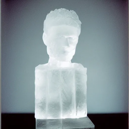 Prompt: Ice sculpture of Ed Harris, studio lighting, F 1.4 Kodak Portra
