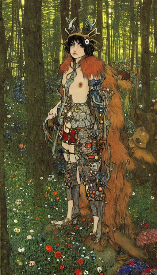 Image similar to Princess Mononoke, fully clothed in armor, lush fairy forest, neon, concept art, schematics, gnarly details painted by gustav klimt, norman rockwell, mucha, james gurney, high detail, denoised, sharp, architectural