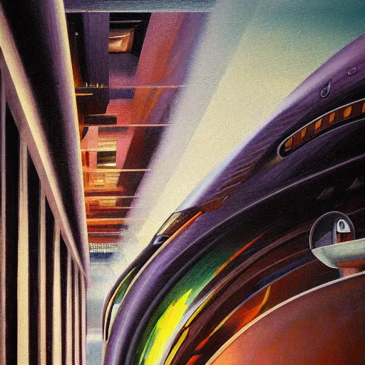 Image similar to detailed face of a woman, clockwork, moment, tectonic sky, skydome, bullet train, turbines, utopian, tech noir, wet reflections, prism, atmospheric, ambient, pj crook, syd mead, emma uber, greg rutkowski, edward hopper