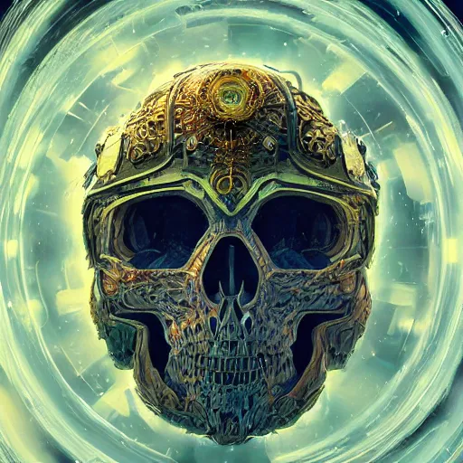 Image similar to portrait of a fantasycore glitchcore skull in a helmet. intricate abstract. intricate artwork. celestial. immaculate, by dan seagrave, beeple, dan mumford. octane render, CGSociety very coherent symmetrical artwork. cinematic, hyper realism, high detail, octane render, 8k, iridescent accents