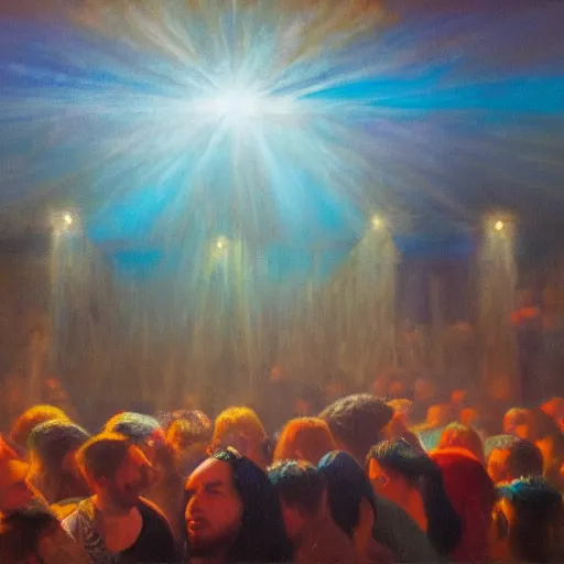 Image similar to Leaving Heaven Nightclub at 5am, oil on canvas