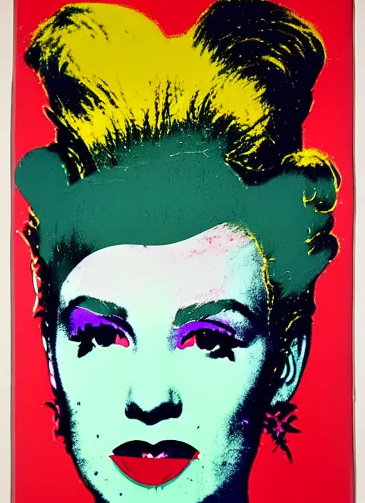 Prompt: a portrait of a pretty sewer punk young lady by andy warhol