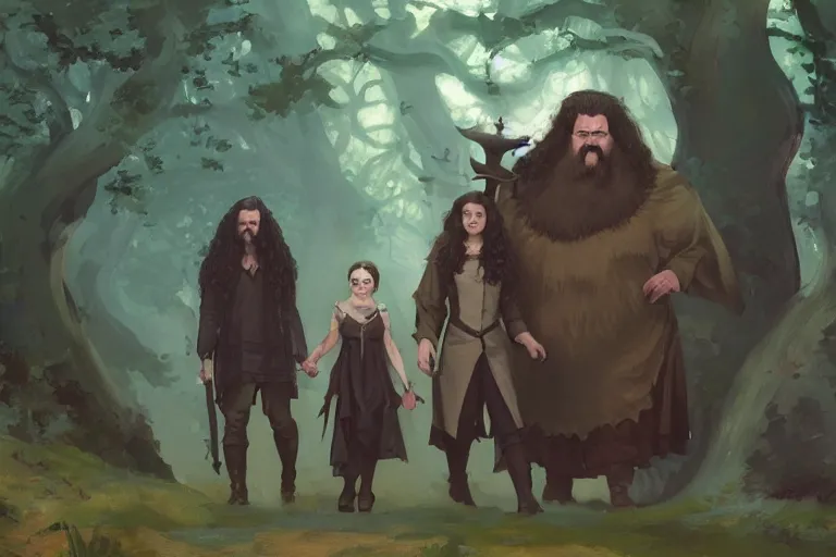 Prompt: hagrid the viking and gothic medieval morticia addams walking in enchanted forest in a sunny day, jodhpurs greg manchess painting by sargent and leyendecker, studio ghibli fantasy medium shot asymmetrical intricate elegant matte painting illustration hearthstone, by greg rutkowski by greg tocchini by james gilleard