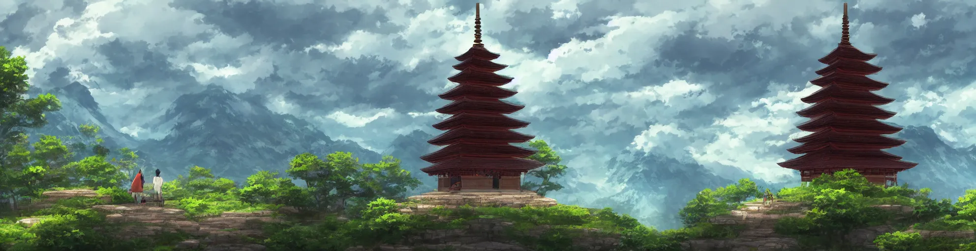 Prompt: a pagoda with a path surrounded by mountains, stormy weather. Makoto Shinkai, anime, trending on ArtStation, digital art.