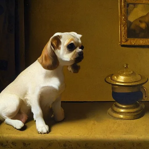 Prompt: oil in canvas of a yorkshire dog by johannes vermeer, masterpiece