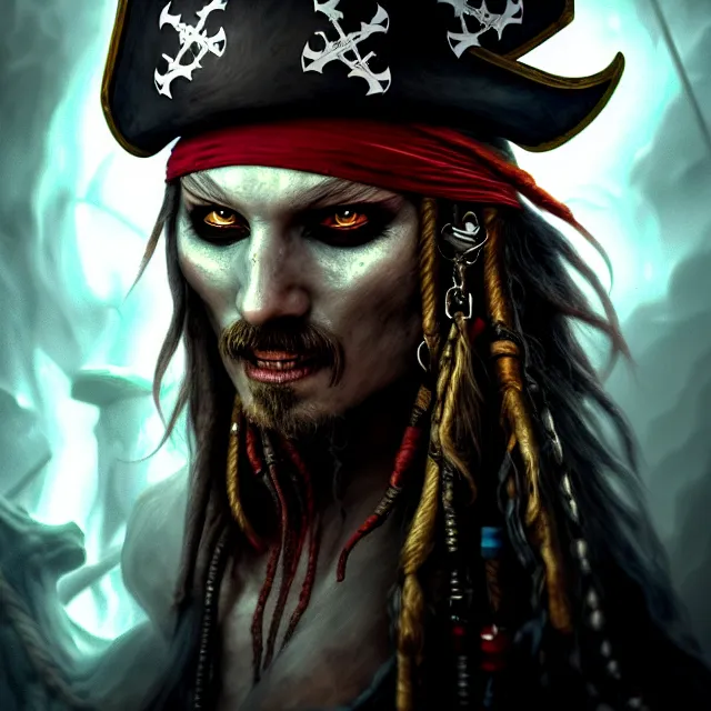 Image similar to photo of a pirate ghost portrait in a grotto, photorealistic, dark, atmospheric lighting, painted, intricate, ultra detailed, well composed, best on artstation, cgsociety, epic, stunning, gorgeous, intricate detail, wow, masterpiece