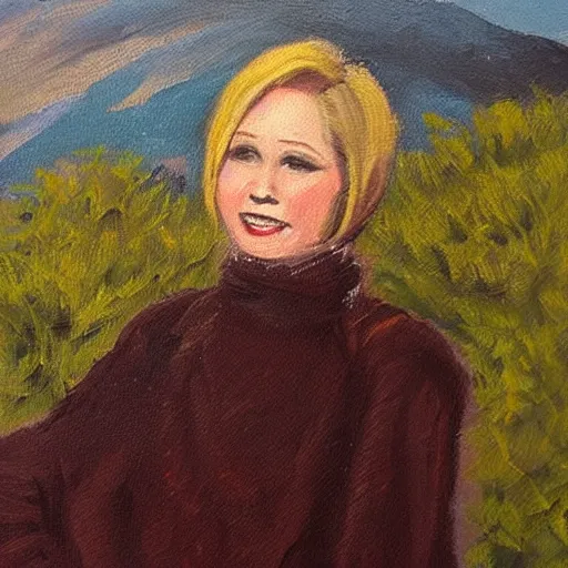 Prompt: a woman with short blonde hair poses on a mountain, oil painting,