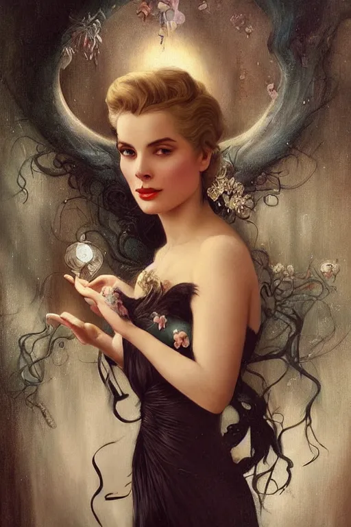 Prompt: a young and extremely beautiful grace kelly infected by night by tom bagshaw in the style of a modern gaston bussiere, art nouveau, art deco, surrealism. extremely lush detail. melancholic scene infected by night. perfect composition and lighting. sharp focus. profoundly surreal. high - contrast lush surrealistic photorealism. screaming, rage, madness.