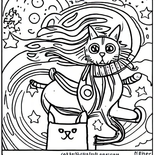 Prompt: Coloring page of cat riding a horse, in space