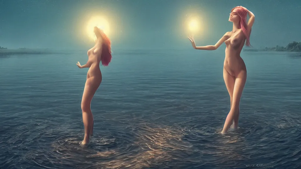 Prompt: whimsical, beautiful seductive women, with professional makeup, standing in a lake, raising an arm, under a binary black hole with a ring, by Ross Tran, by Greg Rutkowski, by artgerm, by beeple, face enhance, volumetric lighting, 4k resolution, octane render, trending on artstation