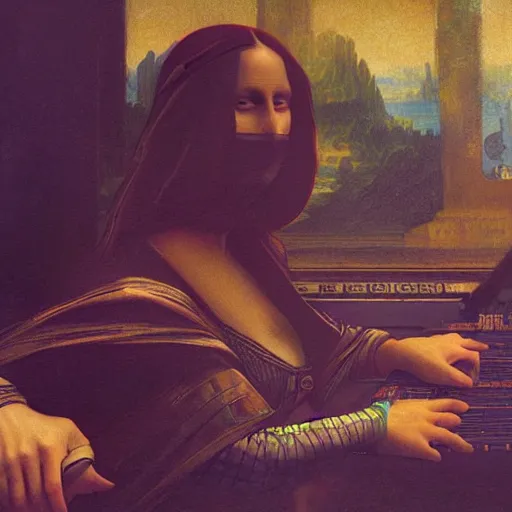 Prompt: Mona Lisa as a DJ behind a mixing deck, highly detailed, digital painting, artstation, concept art, smooth, sharp focus, illustration, art by artgerm and greg rutkowski and alphonse mucha