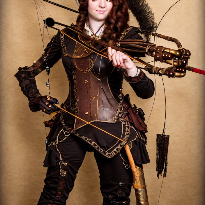 Prompt: full length portrait photograph of a real-life beautiful woman steampunk archer. Extremely detailed. 8k