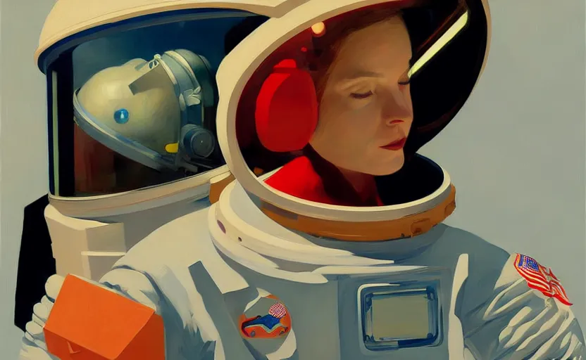 Image similar to Portrait of a Astronaut woman engineer with helmet, very coherent, painted by Edward Hopper, painted by James Gilleard, airbrush, art by JamesJean