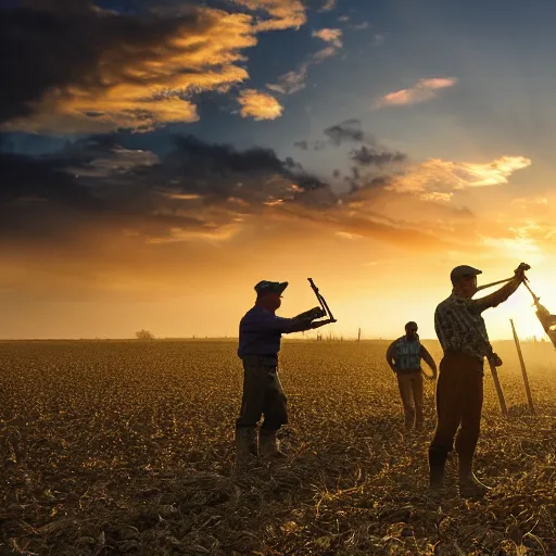 Image similar to photo of farmers fighting against military, award winning, golden hour