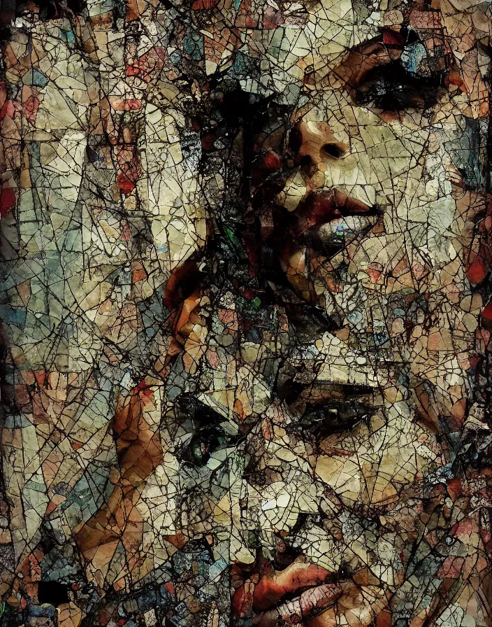 Prompt: arrogance and stubbornness of god detailed and highly reliefed analogue mixed media collage with canvas texture in style of contemporary art, punk art, photorealistic, expressionism, minimalism. masterpiece, perfect composition, photorealistic beautiful face, spectacular quality, intricate details, shattered glass textures