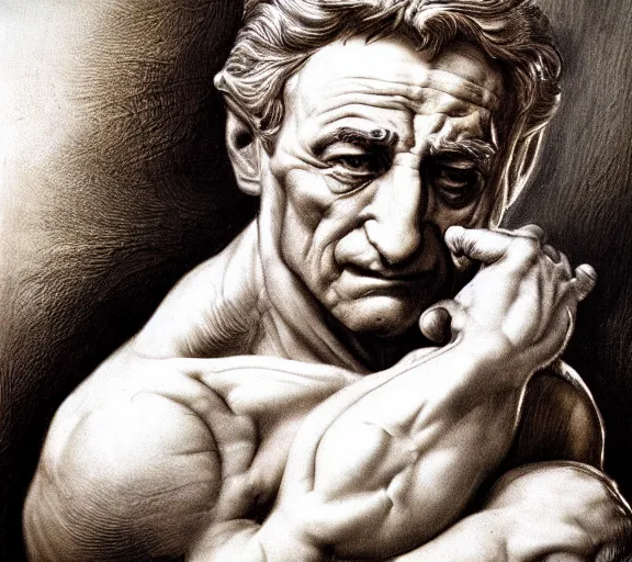 Image similar to a hyper-detailed photograph of Robert DeNiro by Michelangelo in the style of his masterpiece Creation of Man; anatomically correct; trending on artstation