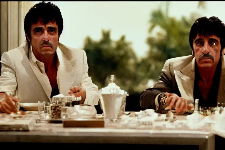 Image similar to tony montana from movie scarface 1 9 8 3 sitting at a big black oak table with big packages of flour. next to the night window. al pacino. perfect symmetric face, coherent eyes, medium shot, fine details, 4 k, ron cobb, cinestill