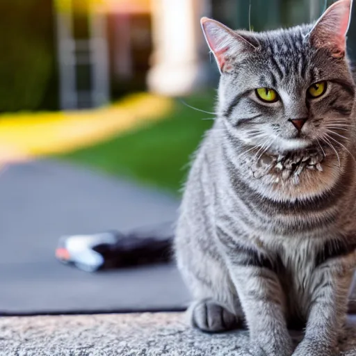 Image similar to a cute grey tabby cat sitting on the corner of a front yard outside in the late afternoon on a beautiful summer day, sunset