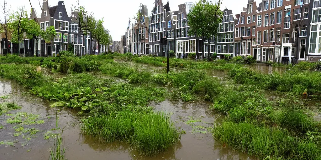Prompt: dutch city overgrown with plants, water in the streets