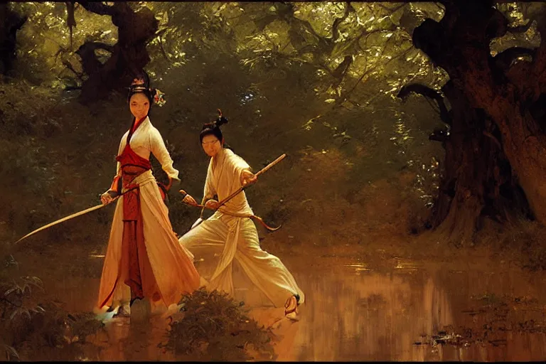 Prompt: wuxia, forest, moonlight, painting by gaston bussiere, craig mullins, j. c. leyendecker