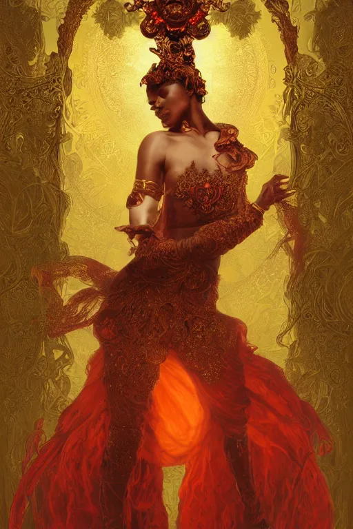 Image similar to tarot card artstation, portrait of a black love dancer, sunrise, baroque ornamnet and rococo ornament, ancient chinese ornate, hyperdetailed, beautiful lighting, craig mullins, mucha, klimt, yoshitaka amano, red and gold and orange color palatte