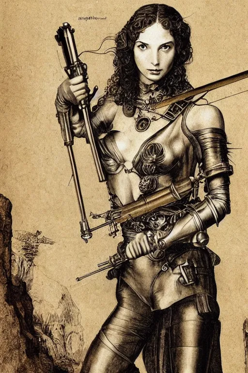 Image similar to highly detailed steampunk gal gadot standing, light saber, hieronymus bosch, leonardo da vinci, albrecht durer