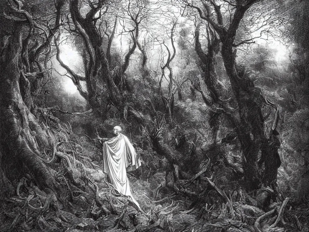 Prompt: an engraving of dante within a dark tangled forest, wistman ’ s wood by gustave dore